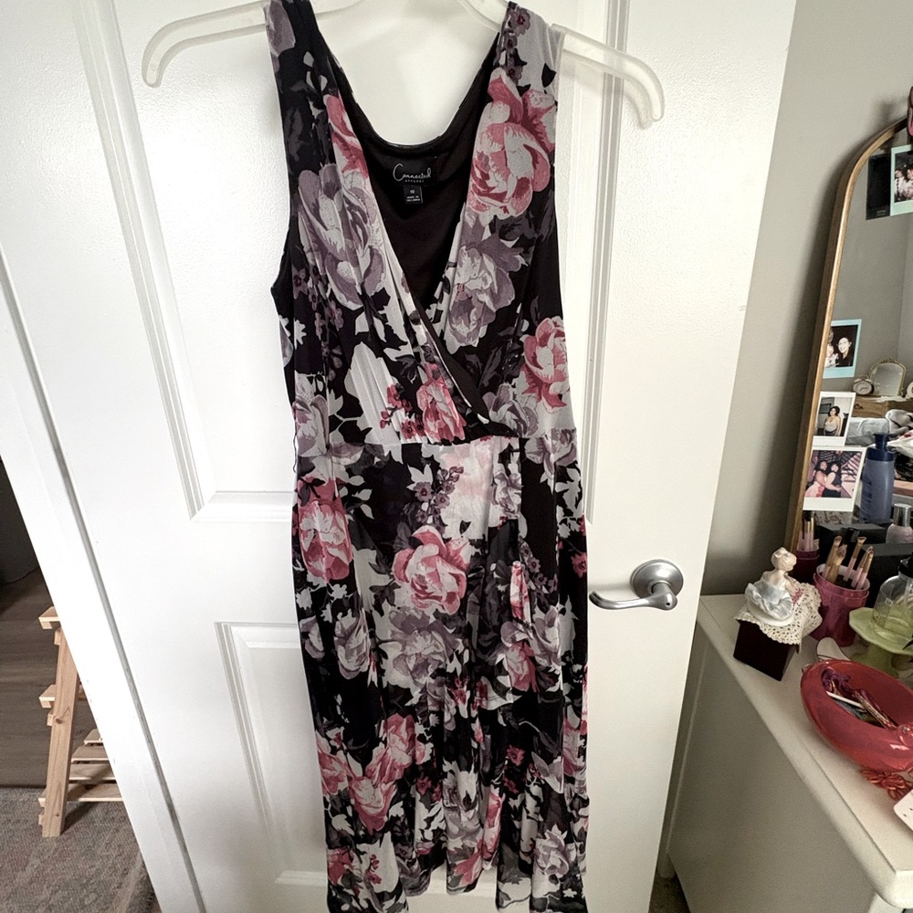Connected Apparel Black and Pink Floral  Dress